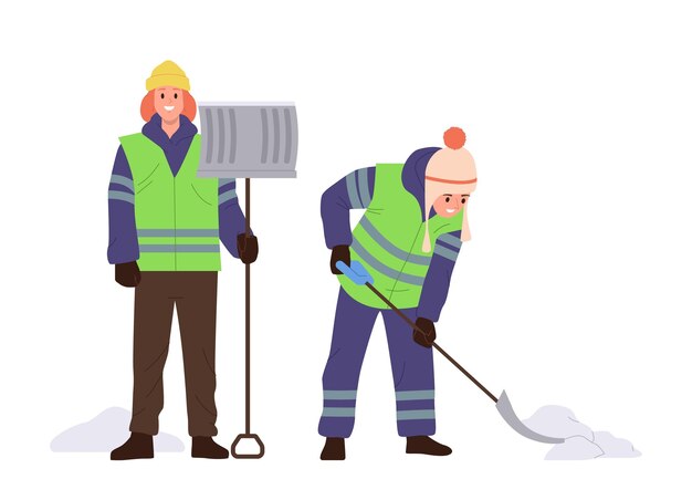 Vector gelukkige mensen conciërges cartoon personages schoonmaken straat van sneeuw samen met behulp van handmatige schop