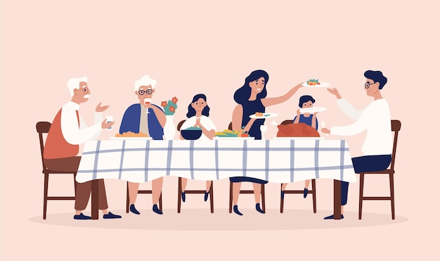 Gelukkige mensen die aan tafel zitten, vakantiemaaltijden eten, wijn drinken en met elkaar praten. Familie Kerst of Thanksgiving diner of avondmaal. Kleurrijke vectorillustratie in platte cartoon stijl.