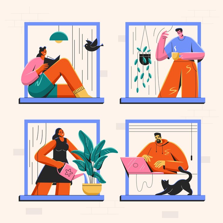 Vector gelukkige mensen kijken uit het raam van hun appartementen goede buren communiceren modern huis communicatie