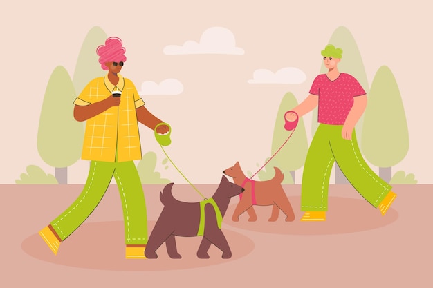 Gelukkige mensen lopen met hond in park Walk Your Dog Month Buitenactiviteit met huisdier Trendy vectorillustratie in vlakke stijl