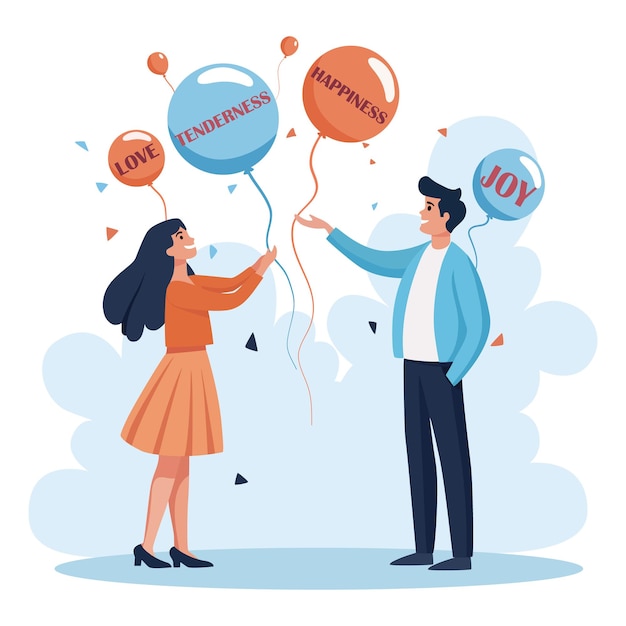 Gelukkige mensen met ballonnen met emoties erin geschreven.