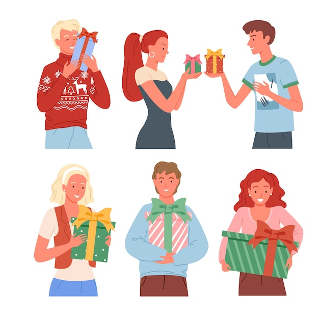 Vector gelukkige mensen met kerstcadeaus collectie. nieuwjaarscadeaus, vrienden met geschenkdozen.