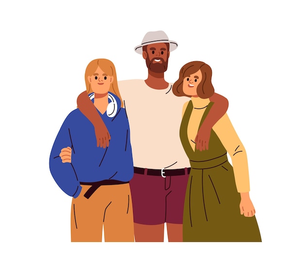 Gelukkige mensen omhelzen elkaar familie portret glimlachende interraciale vrienden staan omhelzend binding goede relatie ondersteuning concept Platte vector illustratie geïsoleerd op witte achtergrond