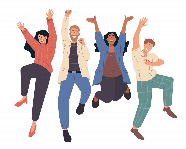 Vector gelukkige mensen springen vieren overwinning. platte stripfiguren illustratie