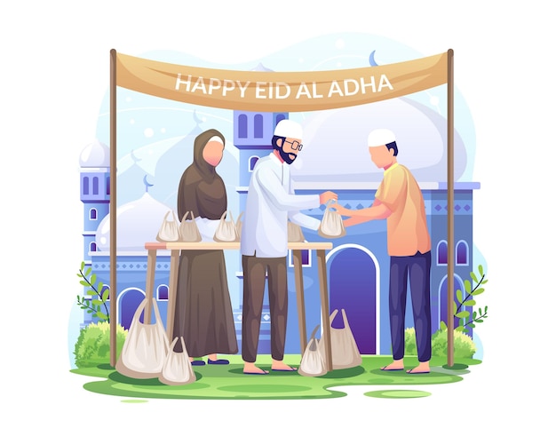 Gelukkige mensen verdelen offervlees op de illustratie van Eid al Adha Mubarak