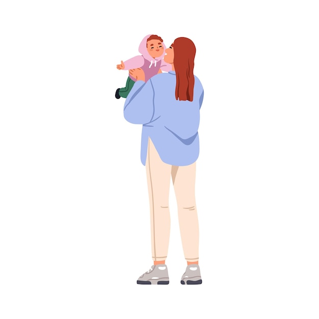 Vector gelukkige moeder die een glimlachende baby oppakt, schattig klein kindje, jonge vrouw die met een klein kind in haar handen staat, vrolijke moeder en jongen, platte vectorillustratie geïsoleerd op witte achtergrond