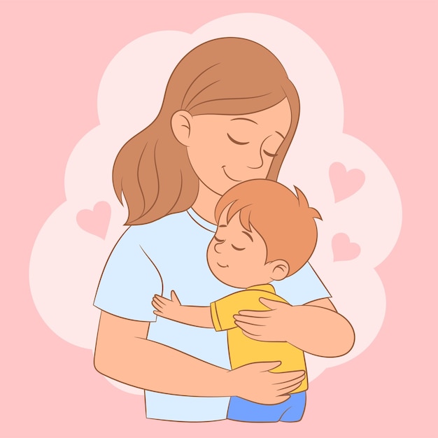 Gelukkige moeder en haar zoon knuffelen
