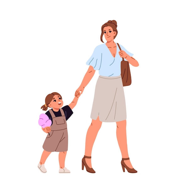 Gelukkige moeder en kind houden elkaar de hand en lopen samen Moeder en kind lopen rond praten onderweg Ouder communiceert met klein meisje Familie brengt tijd door buiten Platte geïsoleerde vector illustratie op wit