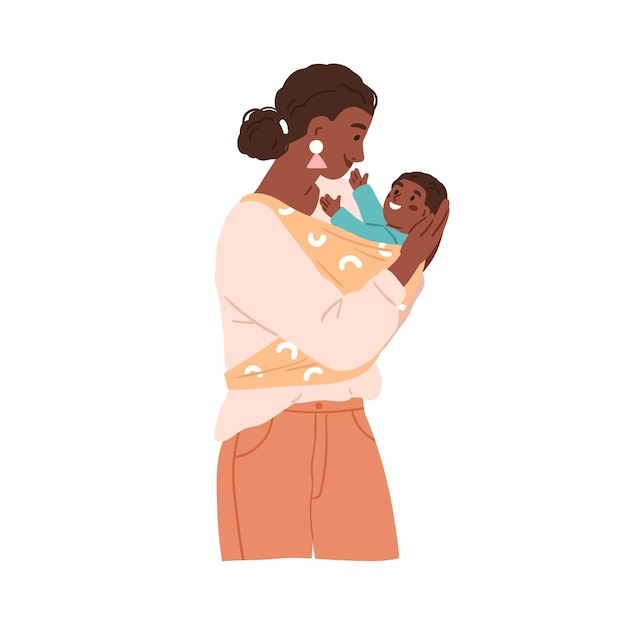 Gelukkige moeder met baby in sling Afro-Amerikaanse moeder en kind in handen Vrouw houdt glimlachend baby Moeder en klein kind in doekdrager portret Vlakke vectorillustratie geïsoleerd op witte achtergrond