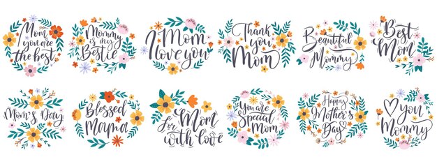 Gelukkige moederdag citaten groet belettering zinnen Moederdag kalligrafie citaten met bloemen elementen vector illustratie set Belettering gelukkige moederdag