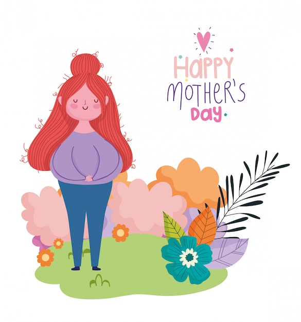 Gelukkige moederdag, vrouw bloemen tuin natuur cartoon kaart