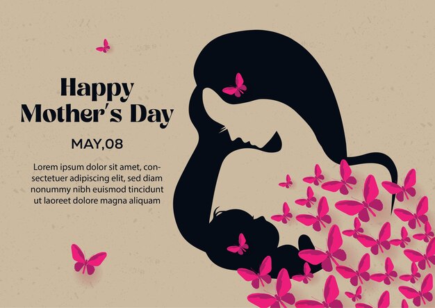Gelukkige Moedersdag illustratie van baby in moeders borst met papier gesneden roze vlinders