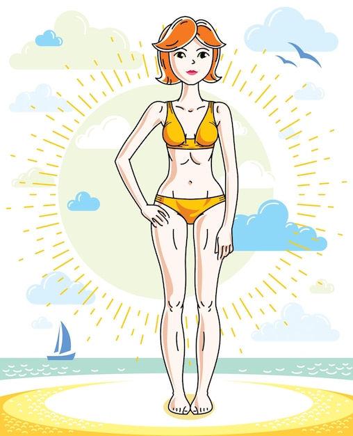 Vector gelukkige mooie jonge roodharige vrouw die zich op tropisch strand bevindt en zwempak draagt. vector karakter. thema zomervakantie.
