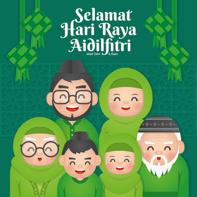 Gelukkige moslim familiereünie om Hari Raya aidilfitri of Eid Al Fitr . te vieren