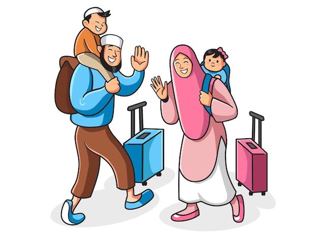 gelukkige moslimfamilie die samen ver weg reist
