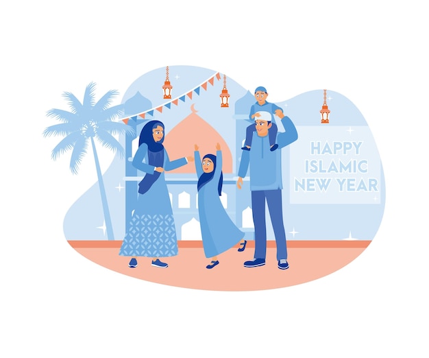 Vector gelukkige moslimfamilie viert het islamitische nieuwjaar dekoraties van vlaggen en lantaarns zijn rond