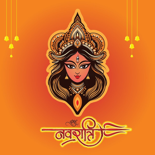 Gelukkige navratri-festivalgroet met hindi-kalligrafie en maa durga face-logo