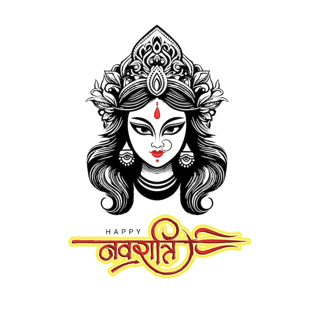 Gelukkige navratri-festivalgroet met hindi-kalligrafie en maa durga face-logo