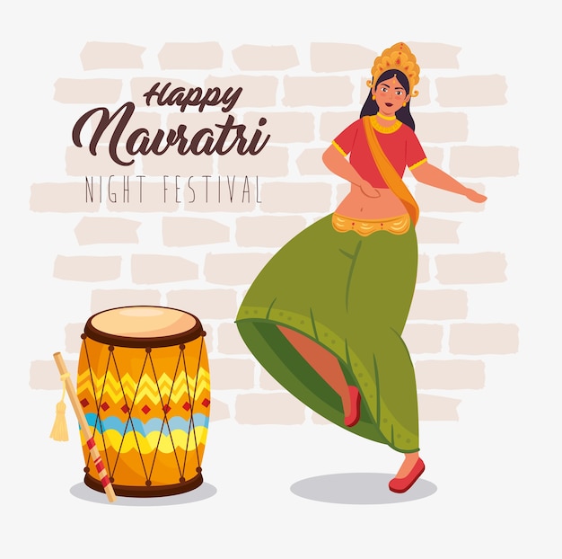 Vector gelukkige navratri-vieringsaffiche met het dansen van maa durga en het ontwerp van de trommelillustratie