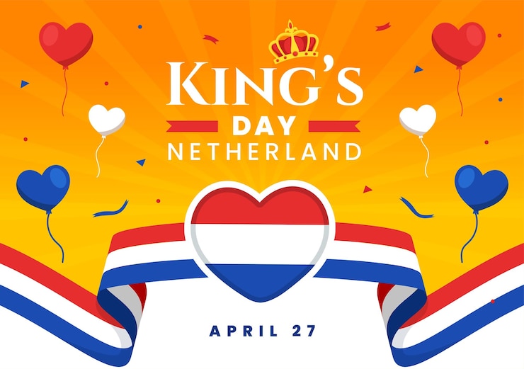 Vector gelukkige nederlandse koningsdag vector illustratie met zwaaiende vlaggen en lint in koningsviering