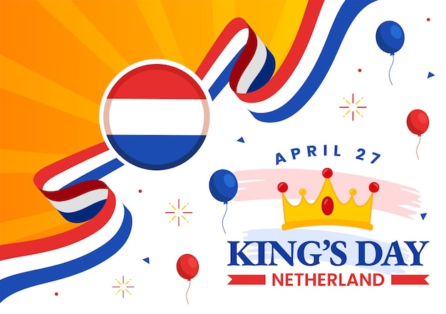 Vector gelukkige nederlandse koningsdag vector illustratie met zwaaiende vlaggen en lint in koningsviering