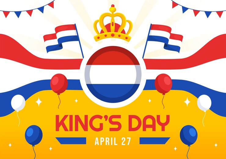 Vector gelukkige nederlandse koningsdag vector illustratie met zwaaiende vlaggen en lint in koningsviering