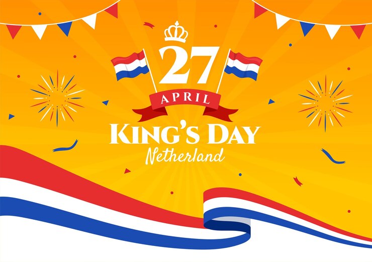 Vector gelukkige nederlandse koningsdag vector illustratie met zwaaiende vlaggen en lint in koningsviering