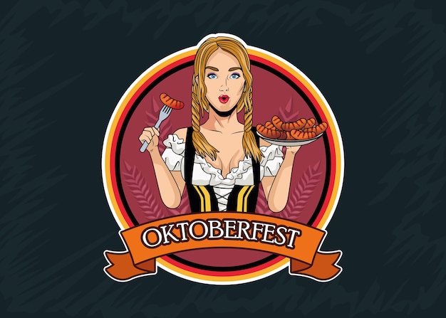 Gelukkige oktoberfest-vieringskaart met mooie vrouw die worstjes eet