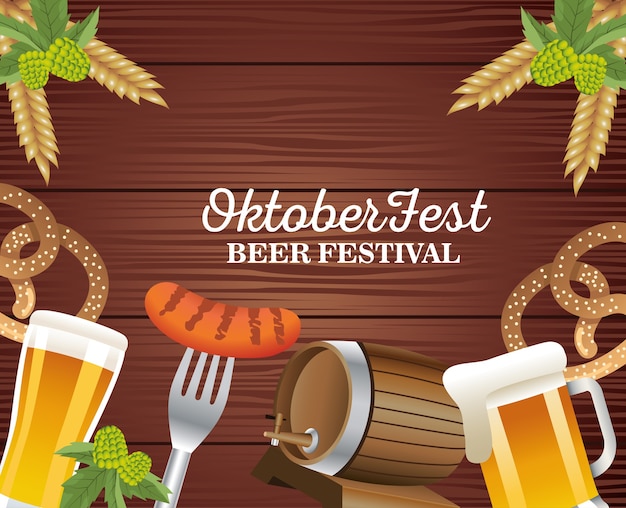 Gelukkige oktoberfestviering met bier en voedsel in houten vectorillustratie als achtergrond