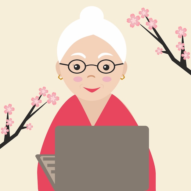 Gelukkige oma met laptop Vectorillustratie Goede vibes