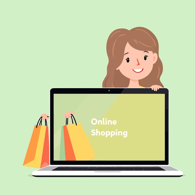 Gelukkige online shopper met boodschappenzakken en laptop