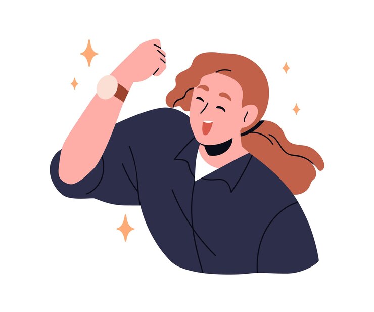 Vector gelukkige opgewonden vrouw viert succes met een winnende vuisthandgebaar overwinning en prestatieviering glimlachende persoon in opwinding platte vectorillustratie geïsoleerd op witte achtergrond