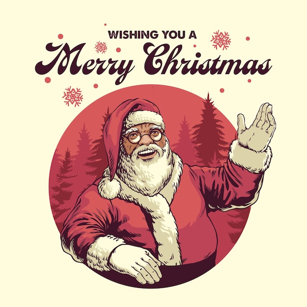 Gelukkige oude kerstman begroeting met de hand getekende vintage illustratie