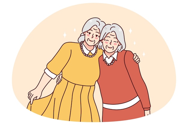Gelukkige oudere vrouwen vrienden knuffelen