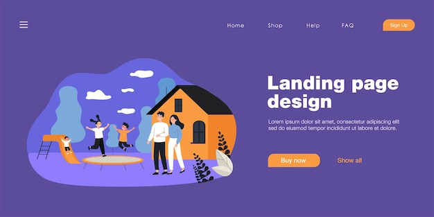 Gelukkige ouders en kinderen in achtertuin Speeltuin. Echtpaar kijken naar kinderen spelen buiten platte vectorillustratie. Familie, kindertijdconcept voor banner, websiteontwerp of bestemmingswebpagina