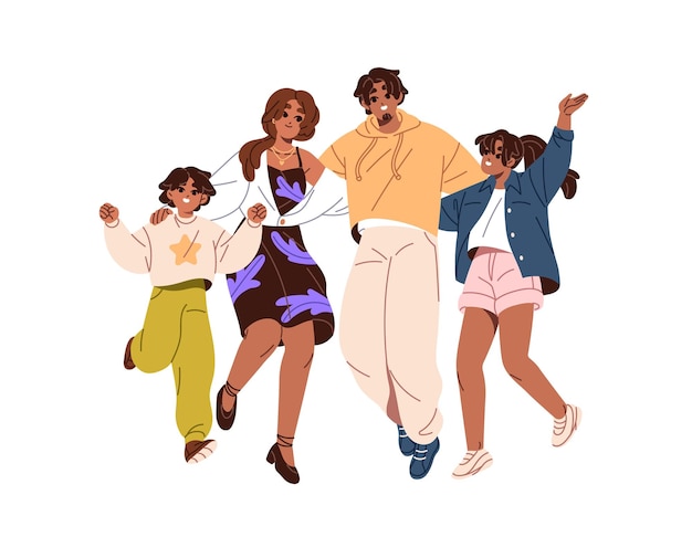 Gelukkige ouders en kinderen springen van vreugde Afro-Amerikaanse familie liefde ondersteunen elkaar Moeder vader en kinderen hebben plezier verheugen samen vieren Platte geïsoleerde vector illustratie op wit