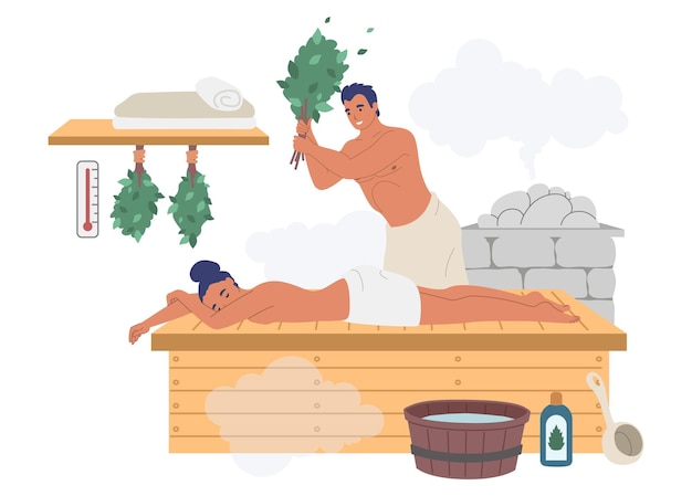 Vector gelukkige paar genieten van stoombad, sauna, platte vectorillustratie. kuuroord, stoombad, badhuistherapie.