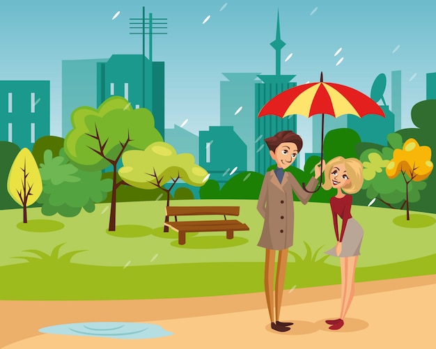 Gelukkige paar onder een grote gestreepte paraplu wandelen in het park, regenachtig weer concept cartoon afbeelding