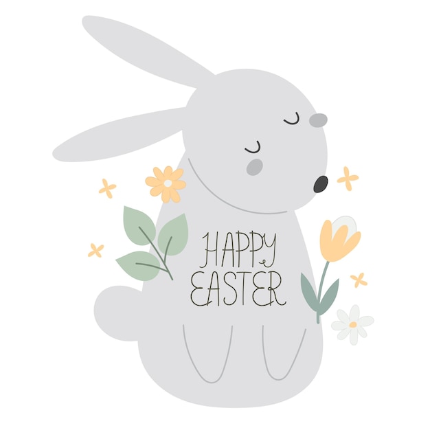 gelukkige paas cartoon konijn bloemen handtekening lettering decor elementen