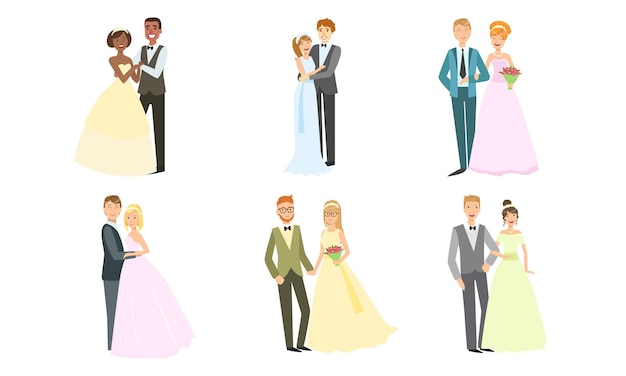 Gelukkige pas getrouwde paren Elegant pasgetrouwden bruid en bruidegom vieren huwelijk Knuffelen en handen vasthouden Vector illustratie