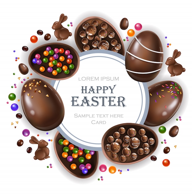 Vector gelukkige pasen-ronde kaart met chocoladekonijntje en eieren