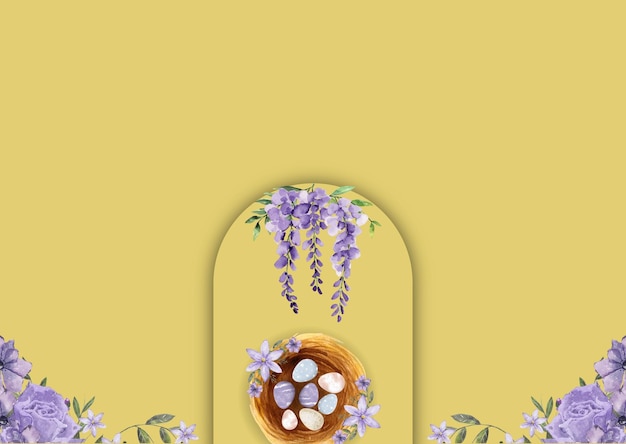 Gelukkige Pasen waterverf kaart banner rand met eieren nest en paarse bloemen