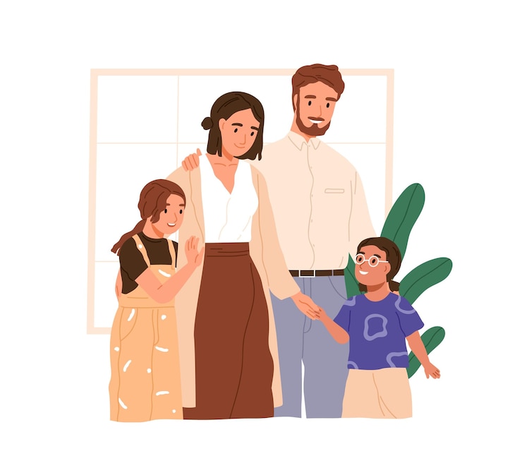 Vector gelukkige pleegouders die een kind adopteren familie met moeder vader dochter en haar adoptie zus voogdij en adoptie van kind concept platte vector illustratie geïsoleerd op witte achtergrond