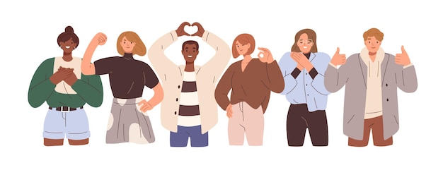 Gelukkige positieve mensen, groepsportret. Mannen en vrouwen team gebaren met handen, vingers. Liefde, steun, solidariteit, ok uitdrukkingen. Platte grafische vector illustratie geïsoleerd op witte achtergrond