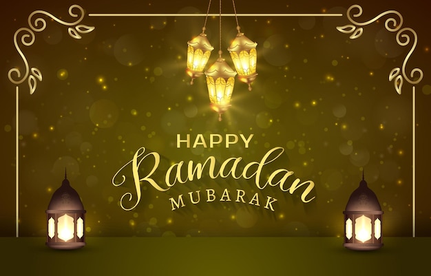 Gelukkige ramadan mubarak bannerillustratie met islamitisch ornament en abstract gradiënt bruin en gouden ontwerp als achtergrond