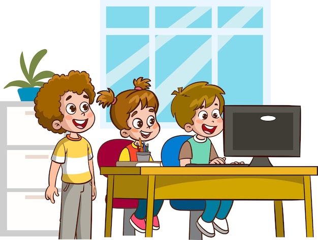 gelukkige schattige kinderen studeren op de computer aan tafel