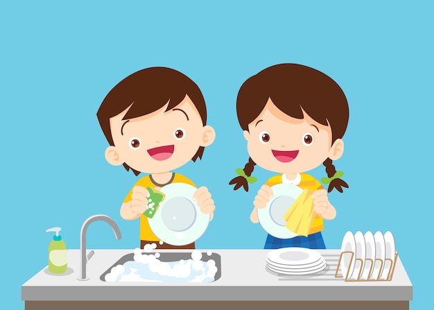 Vector gelukkige schattige kleine jongen en meisje die samen afwassen.