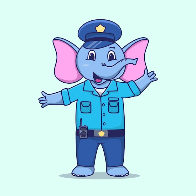 Gelukkige schattige olifant die politie-uniform draagt en de illustratie van de verkeersmascotte beheert