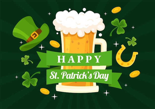 Vector gelukkige st. patrick's day vector illustratie op 17 maart met gouden munten en shamrock design