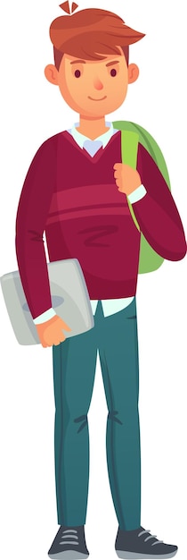 Gelukkige student met een laptop en een rugzak die naar school, universiteit of universiteit gaat, klaar om het moderne onderwijsconcept te leren en te bestuderen
